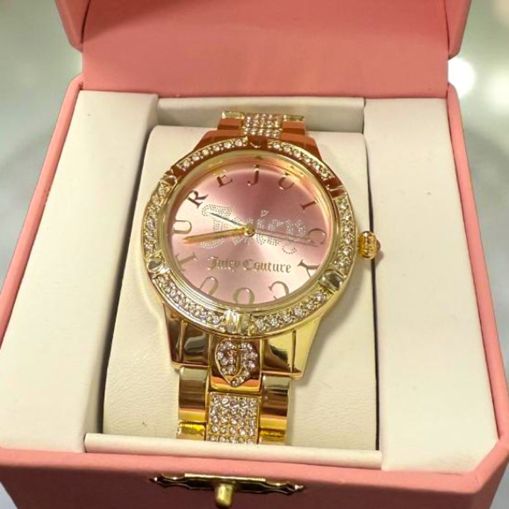 Juicy Couture Los Angeles NWT Statement Gold  Pink Face Bling Rhinestone Watch - Picture 3 of 8
